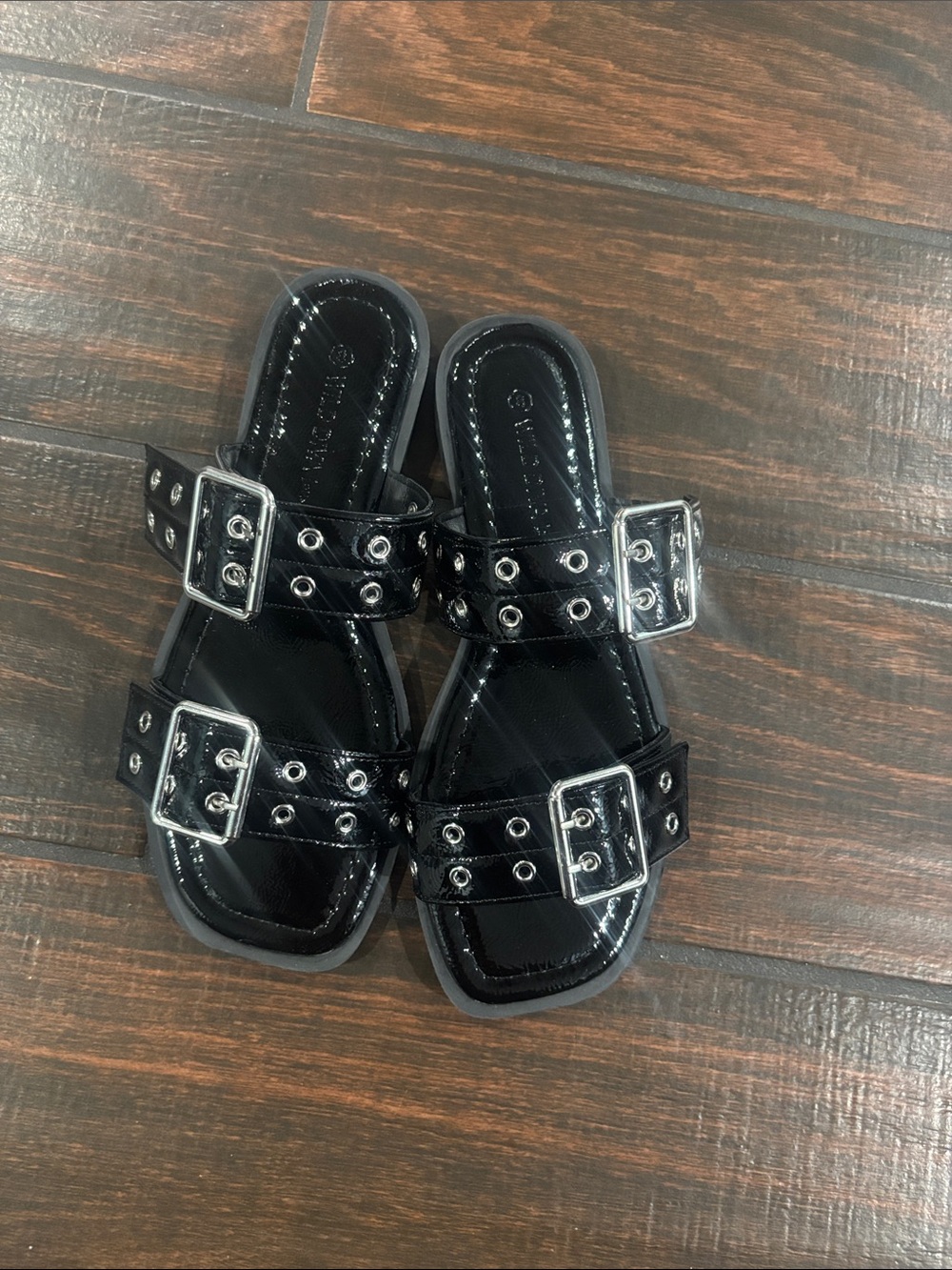 Wild Diva Black Patent Double Buckle Slide Sandals